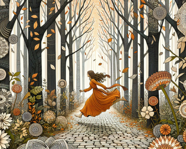Whimsical Forest Scene with Woman in Orange Gown