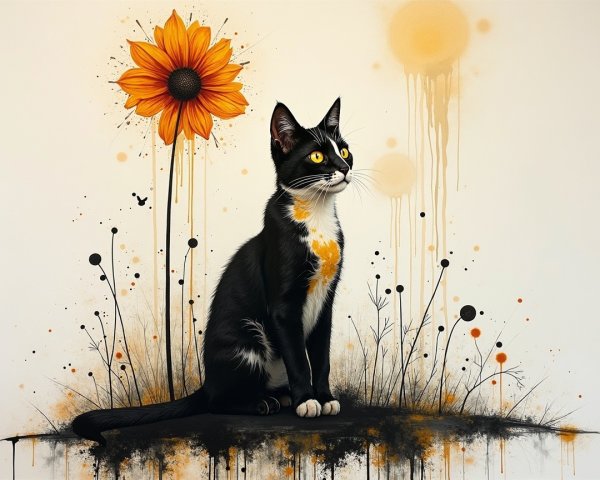 Black and White Cat with Sunflower and Abstract Art