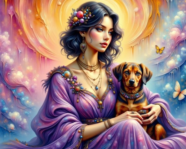 Lavender Gown Woman with Brown Dog in Dreamlike Setting