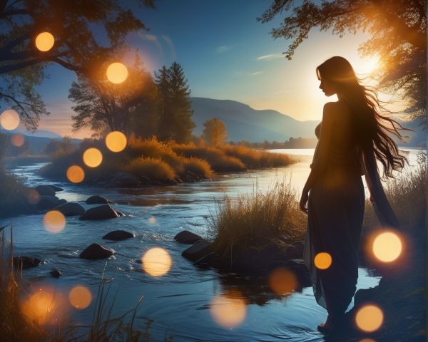 Silhouette of Woman by Tranquil River at Sunset