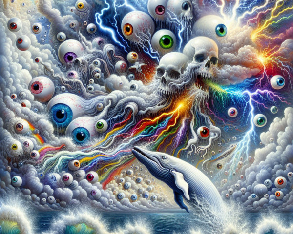 Surreal depiction of a white whale in chaotic ocean scene