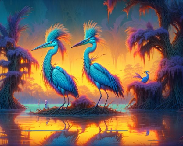 Surreal Landscape with Herons at Sunset