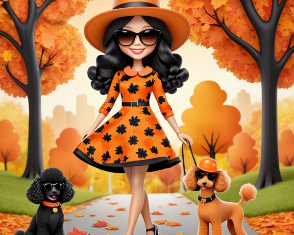Fashionable Woman in Orange Dress with Playful Dogs