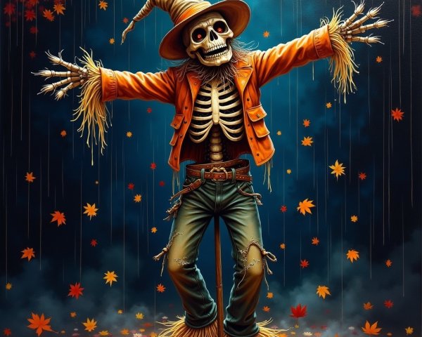 Whimsical Scarecrow Skeleton in Autumn Setting