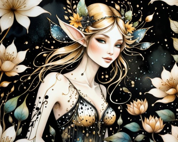Ethereal Elf Girl in Fantasy Illustration with Flowers