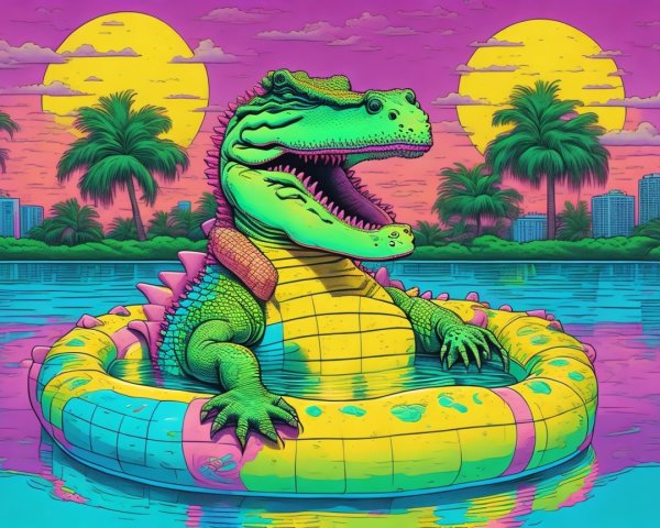 Cartoon Crocodile in Colorful Tropical Pool Scene