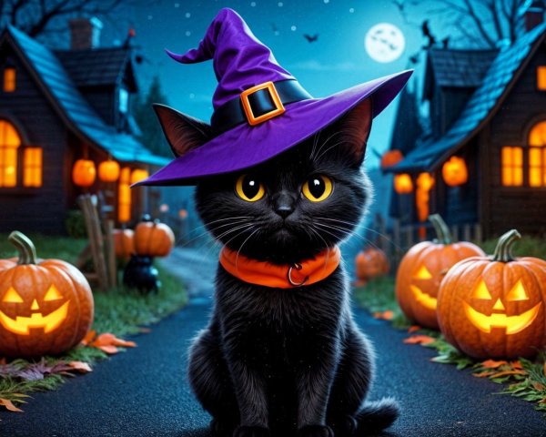 Whimsical Black Cat in Halloween Neighborhood Scene