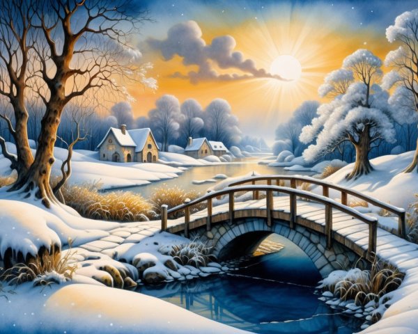 Serene Winter Landscape with Sunrise and Stone Bridge
