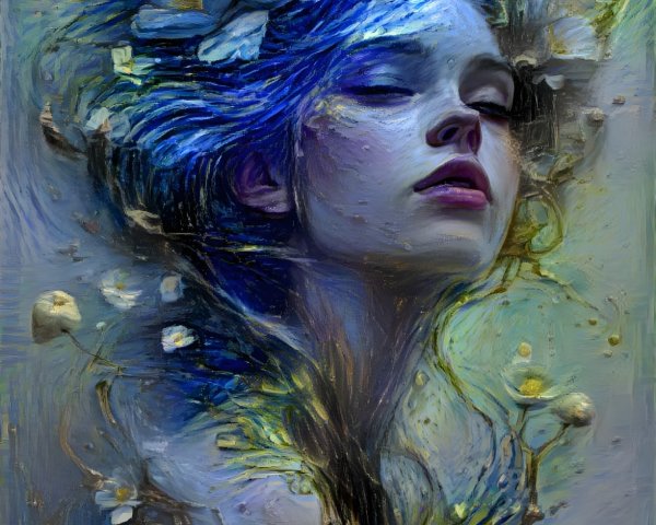 Dreamlike Portrait of a Woman with Blue Hair and Flowers