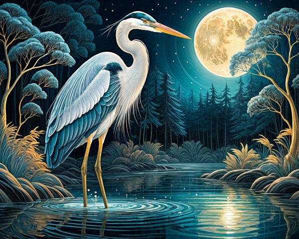 Heron in Tranquil River Under Full Moonlight