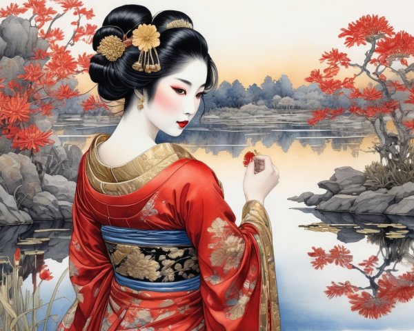 Woman in red kimono by serene autumn lake