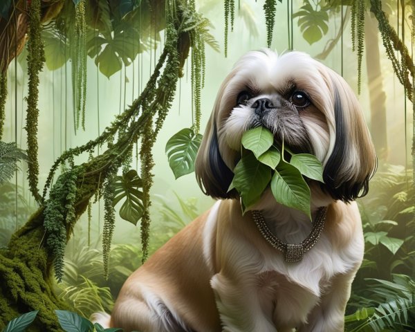 Fluffy Shih Tzu in a Lush Jungle Setting