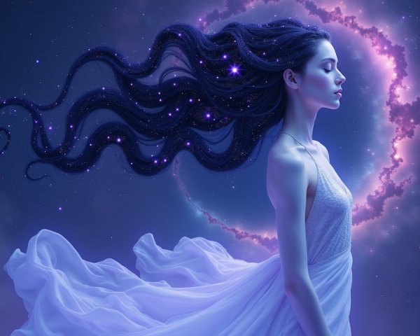 Ethereal Woman in Celestial Scene with Nebula Background