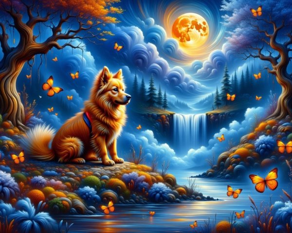 Vibrant Landscape with Dog by a Serene River