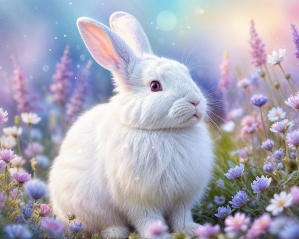 Fluffy White Rabbit Surrounded by Vibrant Flowers