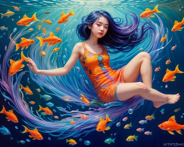 Young Woman Swimming with Goldfish in Underwater Scene