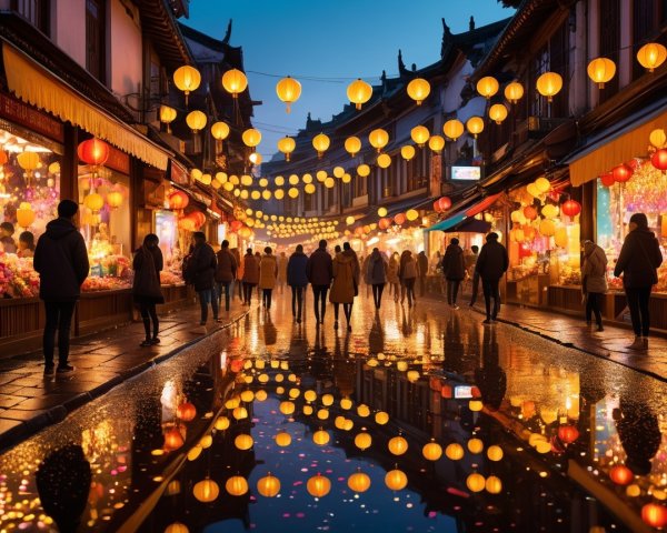 Vibrant Dusk Street Scene with Colorful Lanterns