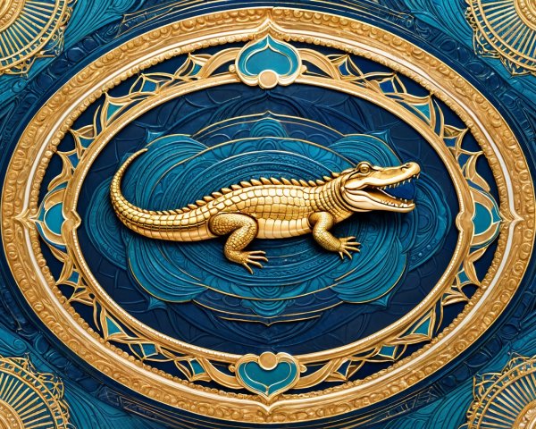 Golden Crocodile Wall Relief on Blue Background