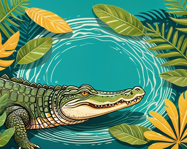 Crocodile in Tropical Water Surrounded by Foliage