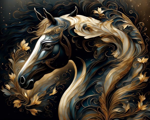Intricate Horse Head Silhouette with Golden Foliage