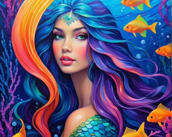 Vibrant Underwater Scene with Colorful Mermaid and Coral