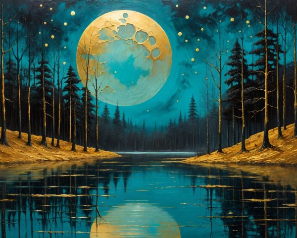 Serene Night Landscape with Moonlit Lake and Trees