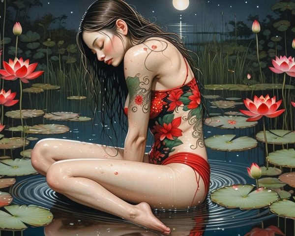 Young Woman in Tranquil Pond with Lotus Flowers