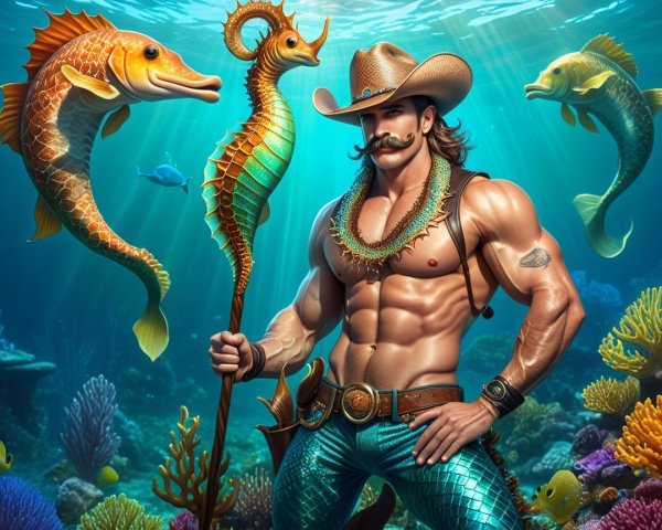 Muscular Merman in Cowboy Hat Underwater Scene