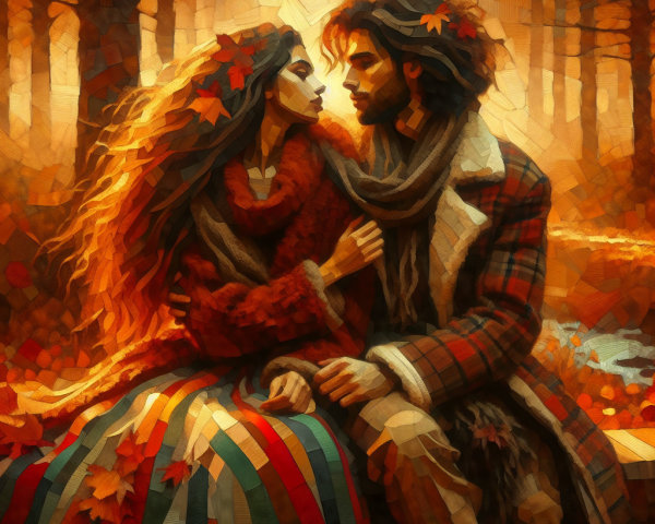 Couple in Autumn Forest Surrounded by Colorful Leaves