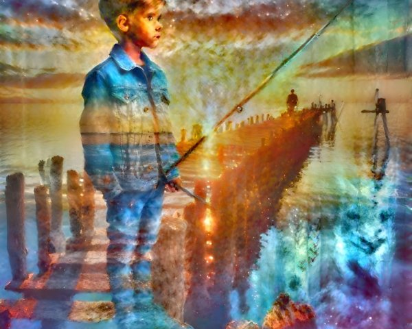 Young Boy Fishing on a Cosmic Landscape Pier