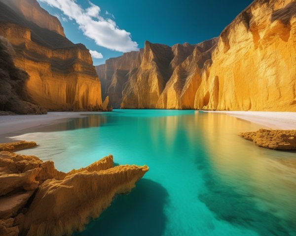 Golden Cliffs and Turquoise Waters in Serene Bay