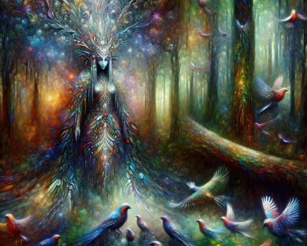 Mystical Figure in a Colorful Forest Setting