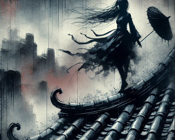 Mysterious Figure on Rooftop Against Stormy Sky