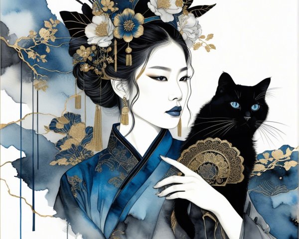 Serene Woman in Traditional Attire with Black Cat