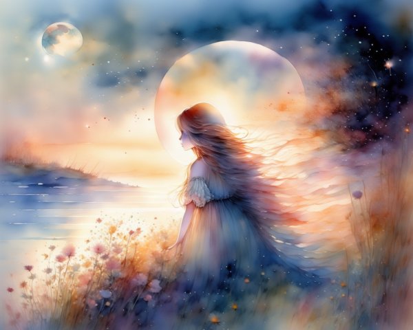 Serene Scene of a Woman by a Tranquil Lake at Night