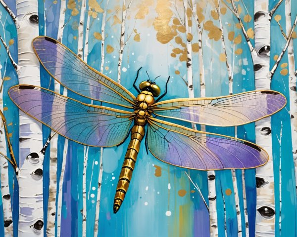 Vibrant Dragonfly Artwork with Birch Tree Background