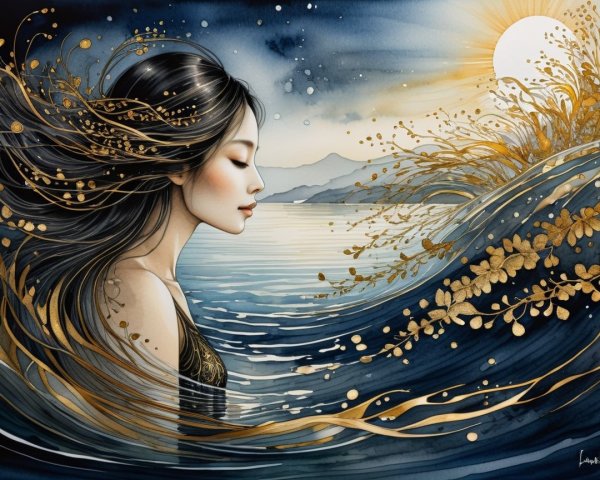 Serene Woman Surrounded by Golden Ocean Waves