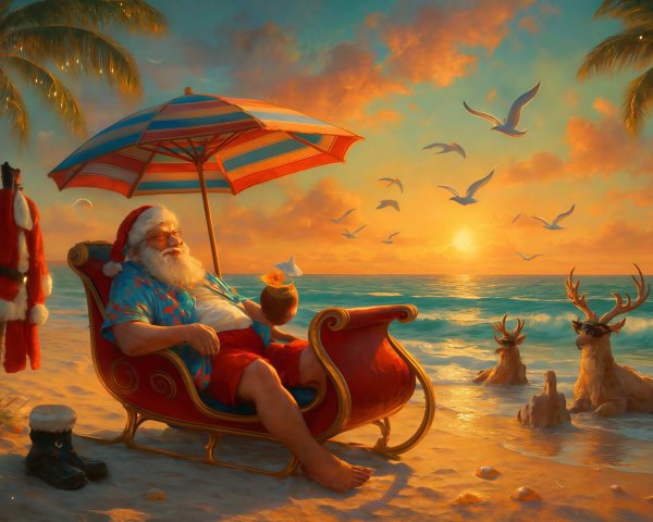 Santa Claus Relaxing on a Tropical Beach in Sleigh