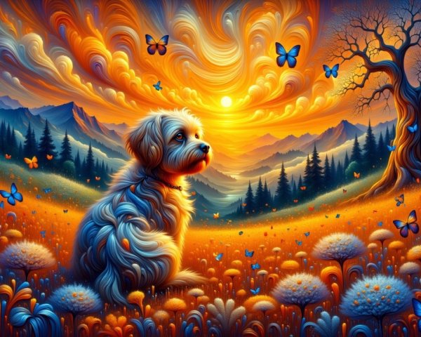 Fluffy Dog in Vibrant Sunset Landscape with Butterflies