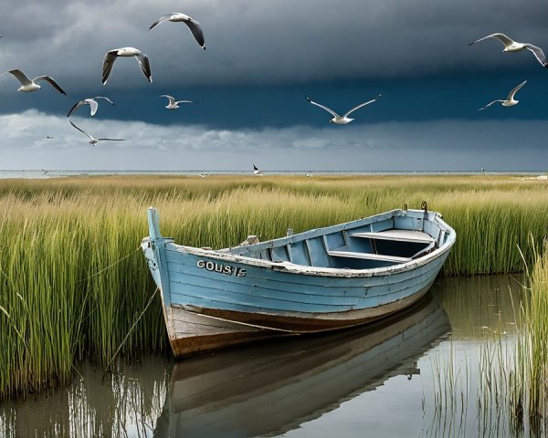 Coastal Scene with Blue Boat and Lighthouse Background