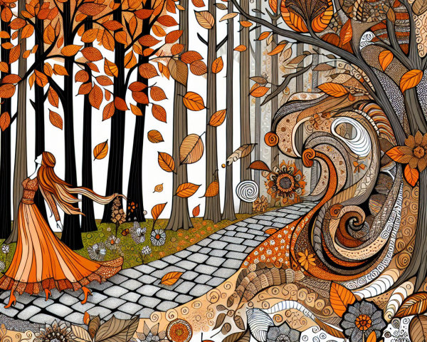 Whimsical Autumn Scene with Woman in Orange Dress