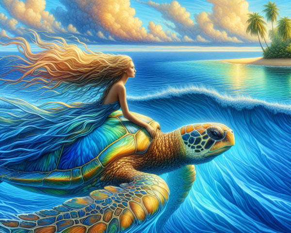 Blonde Woman Riding Large Sea Turtle in Ocean Scene