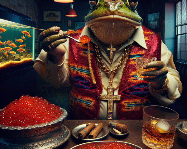 Frog in Fancy Vest with Caviar and Drinks at Table