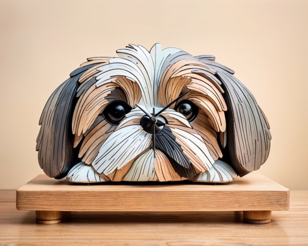 Sculpted Wooden Shih Tzu Figure with Intricate Details