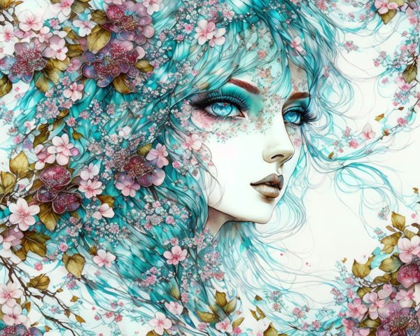 Ethereal Woman with Turquoise Hair and Floral Surroundings