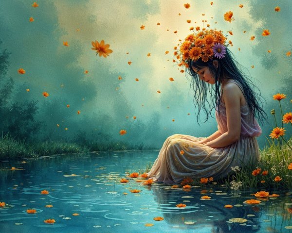 Young Girl by Tranquil Pond with Floral Crown