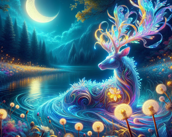 Ethereal deer in moonlit lake with vibrant patterns