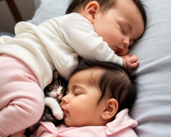 Babies and Kitten Sleeping in a Cozy Bedroom Setting