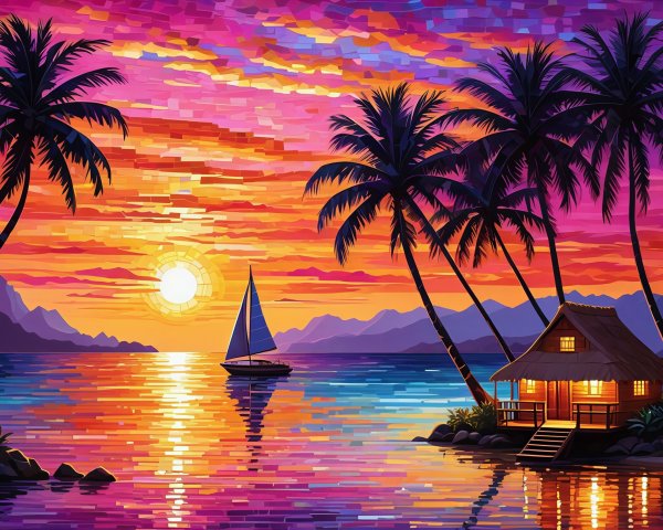 Mosaic Digital Painting of Tropical Sunset Over Ocean