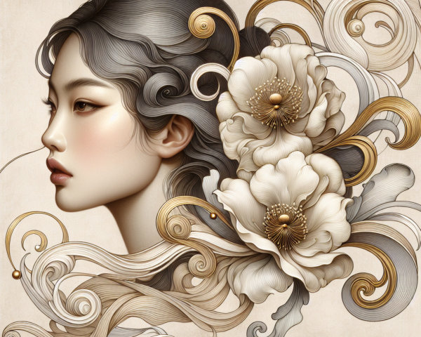 Delicate Portrait of Woman with Gray Hair and Flowers
